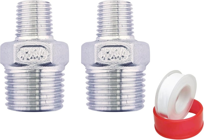 POTONZ 1/2" Male x 1/4" Male NPT Threaded Reducing Hex Nipple ，304 Stainless Steel Reducing Pipe Fitting Nipple Adapter With Teflon Plumbers Tape (Pack of 2) - Image 1